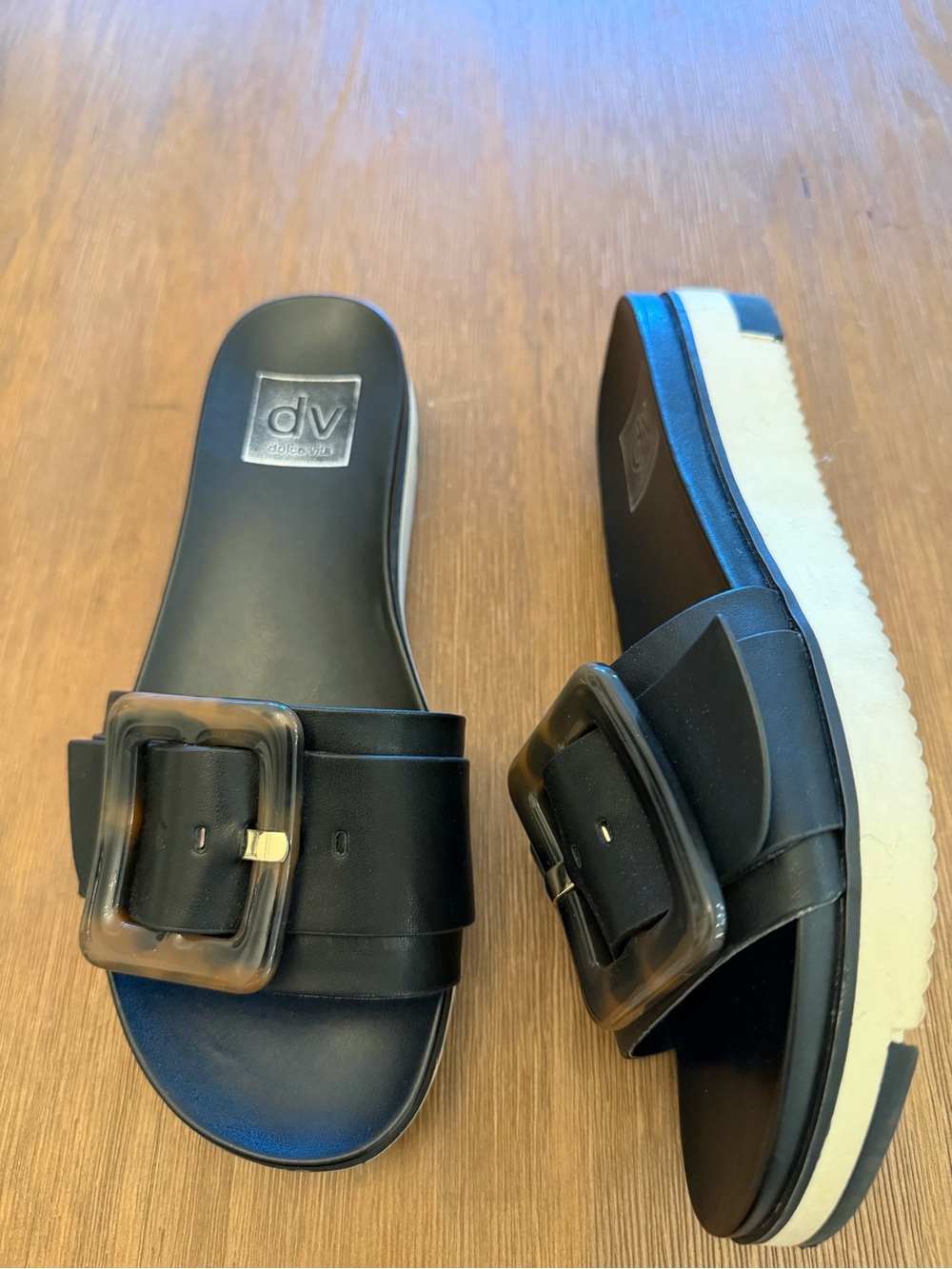 DV by Dolce Vita Black Slide Sandals with Tortoiseshell Buckles